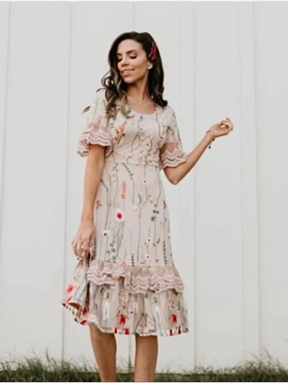 Hello Honey Floral Lace-Trim Midi Dress in Blush